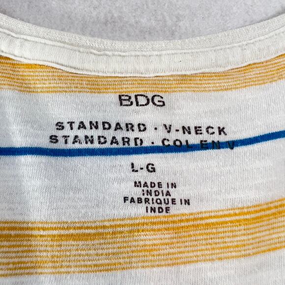 V-Neck Shirt BDG Urban Outfitters Woman's L Short Sleeve Blue Yellow Stripes - Picture 2 of 9